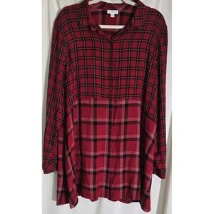 J Jill Top Womens Large Red Plaid Layered Tunic Dress‎ Long Sleeve Pockets Boho